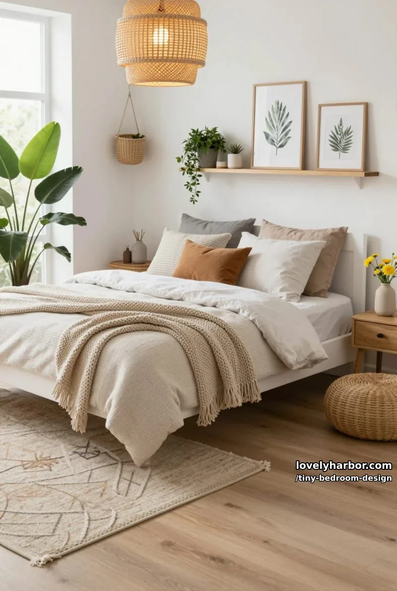 scandinavian-boho bedroom with textured bedding, botanical art, and rattan lamp. 1