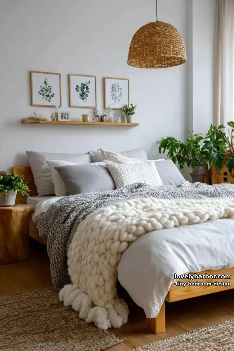 scandinavian-boho bedroom with textured bedding, botanical art, and rattan lamp. 1