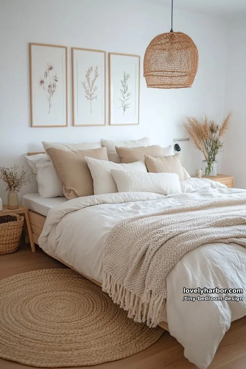 scandinavian-boho bedroom with textured bedding, botanical art, and rattan lamp. 1
