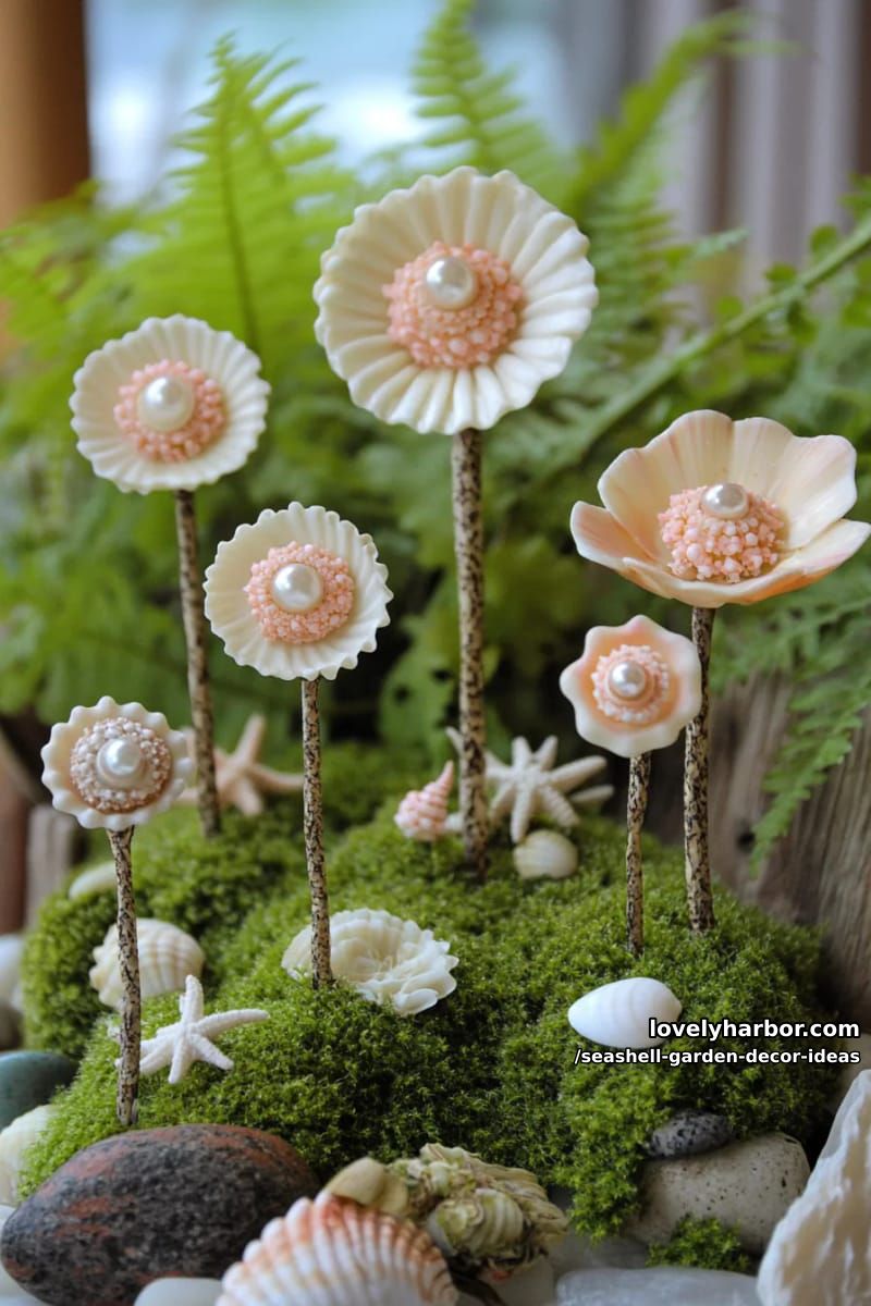 seashell flower sculptures with pearl centers for whimsical garden accents 1