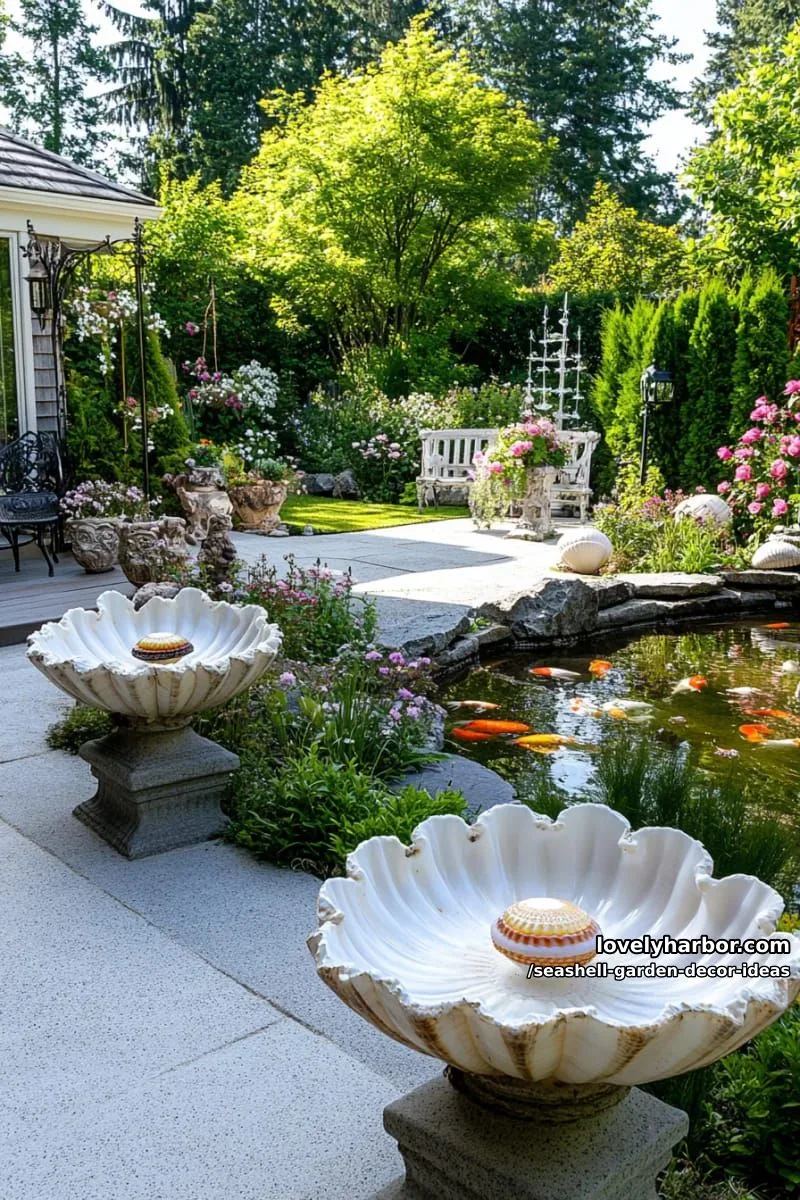seashell flower sculptures with pearl centers for whimsical garden accents 1