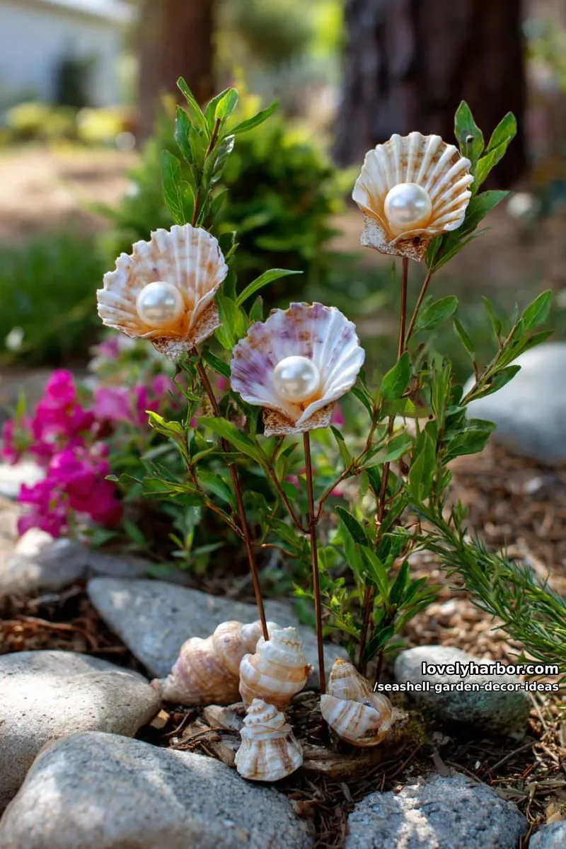 seashell flower sculptures with pearl centers for whimsical garden accents 1