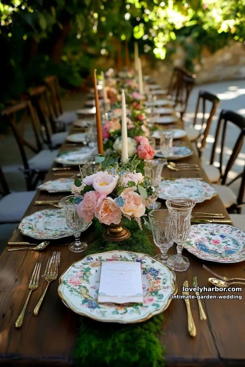 secret garden-inspired tablescape with moss runners and mismatched floral china 1