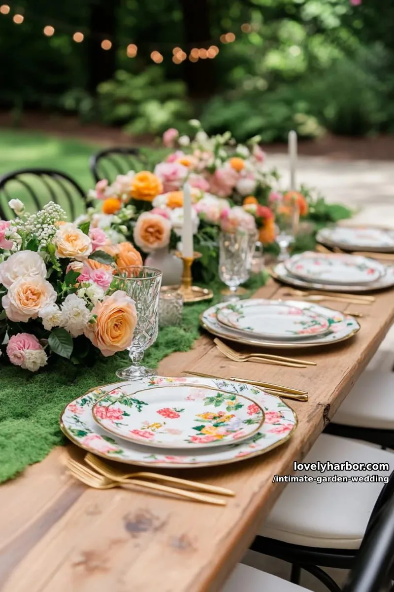 secret garden-inspired tablescape with moss runners and mismatched floral china 1