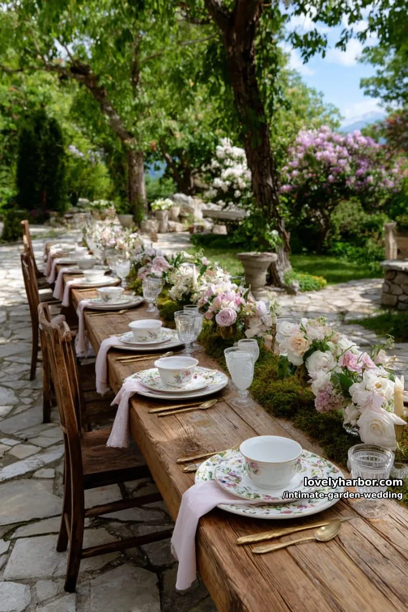 secret garden-inspired tablescape with moss runners and mismatched floral china 1