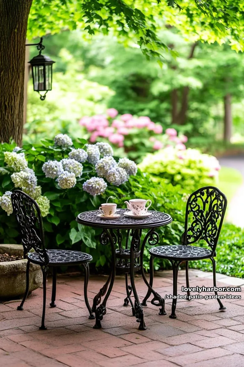 15 Dreamy Shaded Patio Garden Ideas to Inspire Your Backyard 20 secret garden nook with antique bistro set and flowering hydrangeas 1