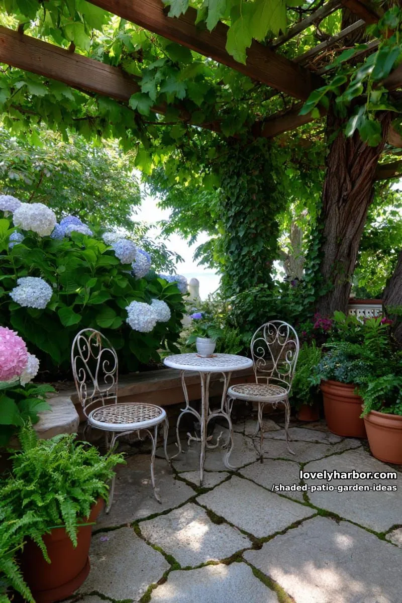 15 Dreamy Shaded Patio Garden Ideas to Inspire Your Backyard 21 secret garden nook with antique bistro set and flowering hydrangeas 1