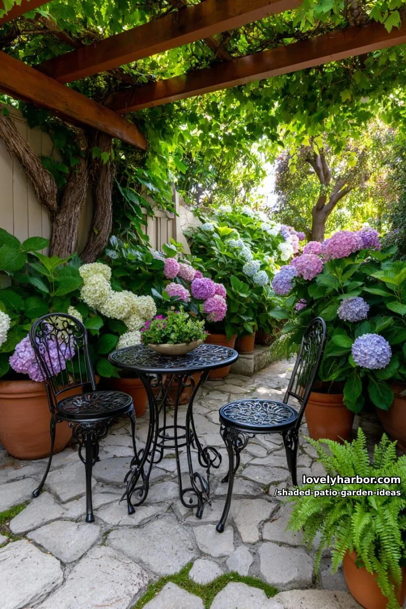 15 Dreamy Shaded Patio Garden Ideas to Inspire Your Backyard 22 secret garden nook with antique bistro set and flowering hydrangeas 1