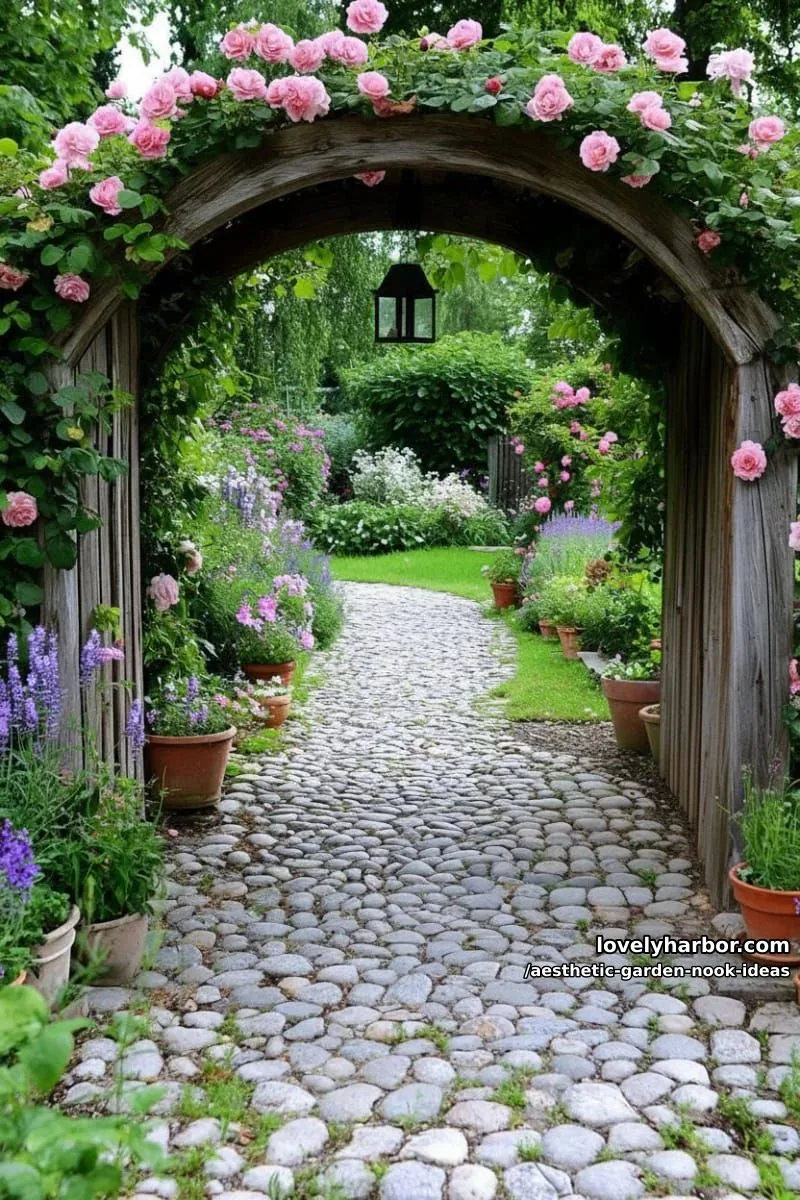 15 Aesthetic Garden Nook Ideas to Inspire Your Outdoor Escape 5 secret garden nook with arched wooden doorway and wild climbing roses 1