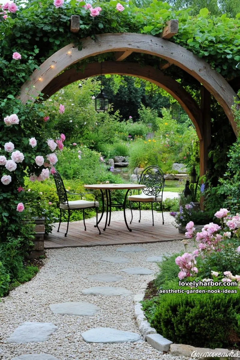 15 Aesthetic Garden Nook Ideas to Inspire Your Outdoor Escape 6 secret garden nook with arched wooden doorway and wild climbing roses 1