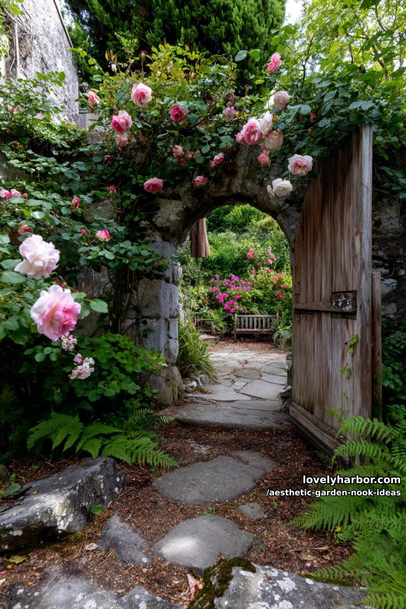 15 Aesthetic Garden Nook Ideas to Inspire Your Outdoor Escape 8 secret garden nook with arched wooden doorway and wild climbing roses 1