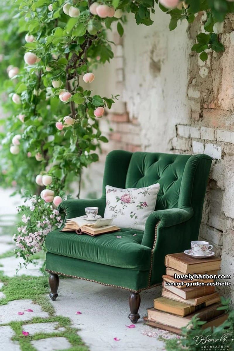 secret garden reading nook with a green velvet chair under apple blossoms 1