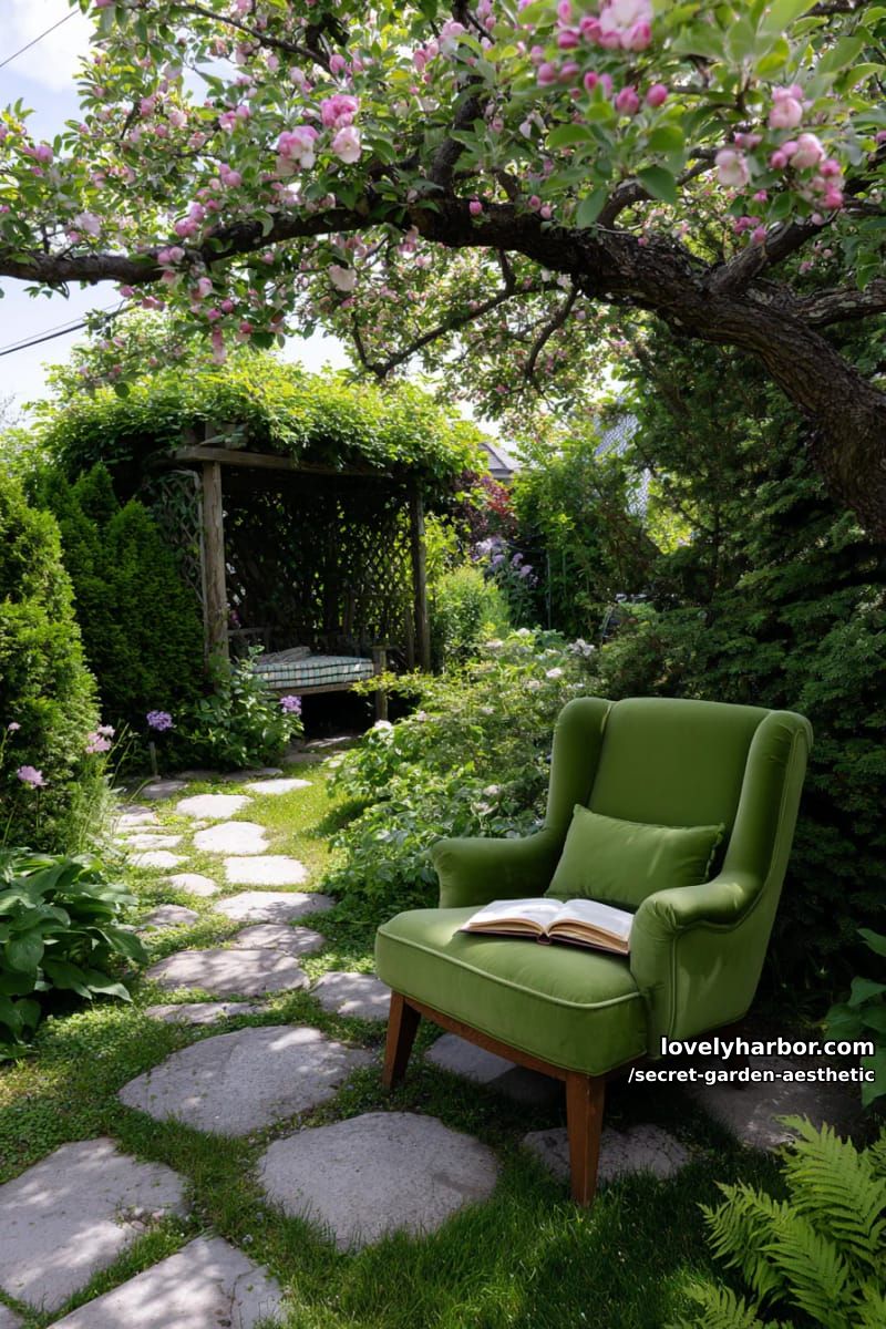 secret garden reading nook with a green velvet chair under apple blossoms 1