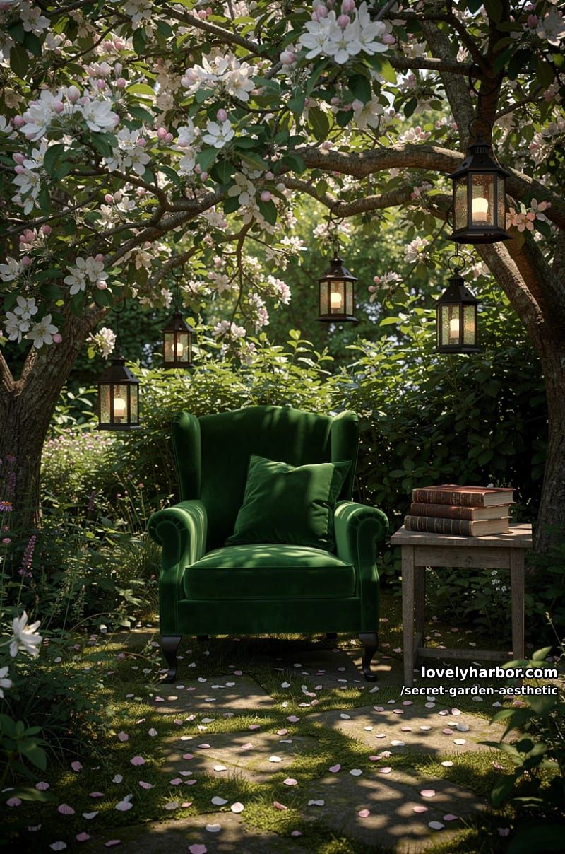 secret garden reading nook with a green velvet chair under apple blossoms 1
