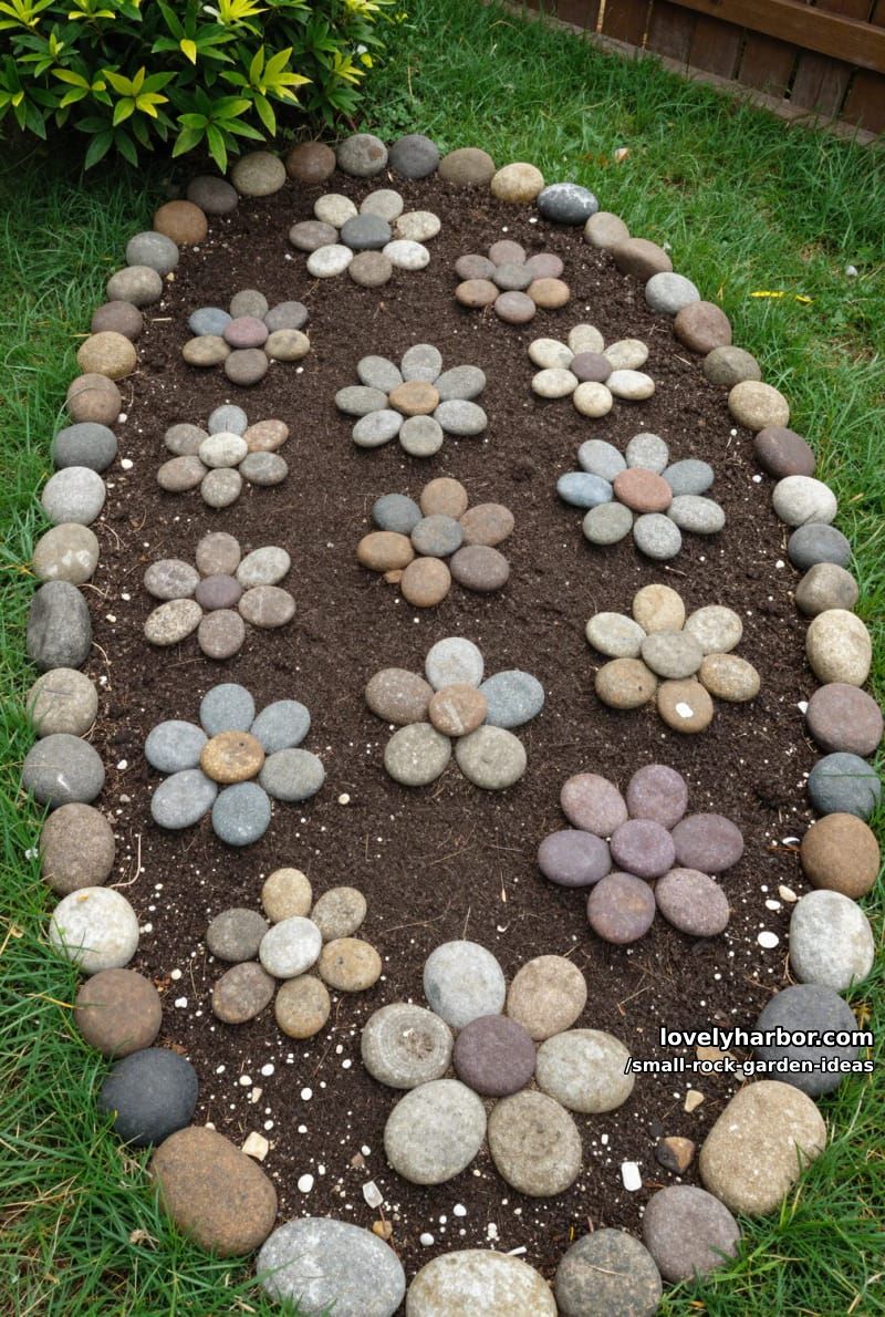 semicircular rock border with stone "flowers" and green plants. 1