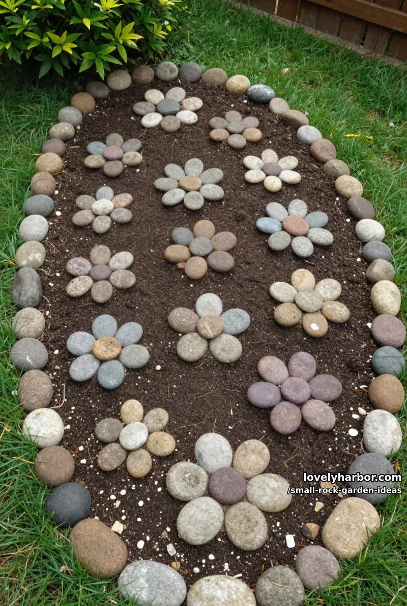 semicircular rock border with stone "flowers" and green plants. 1