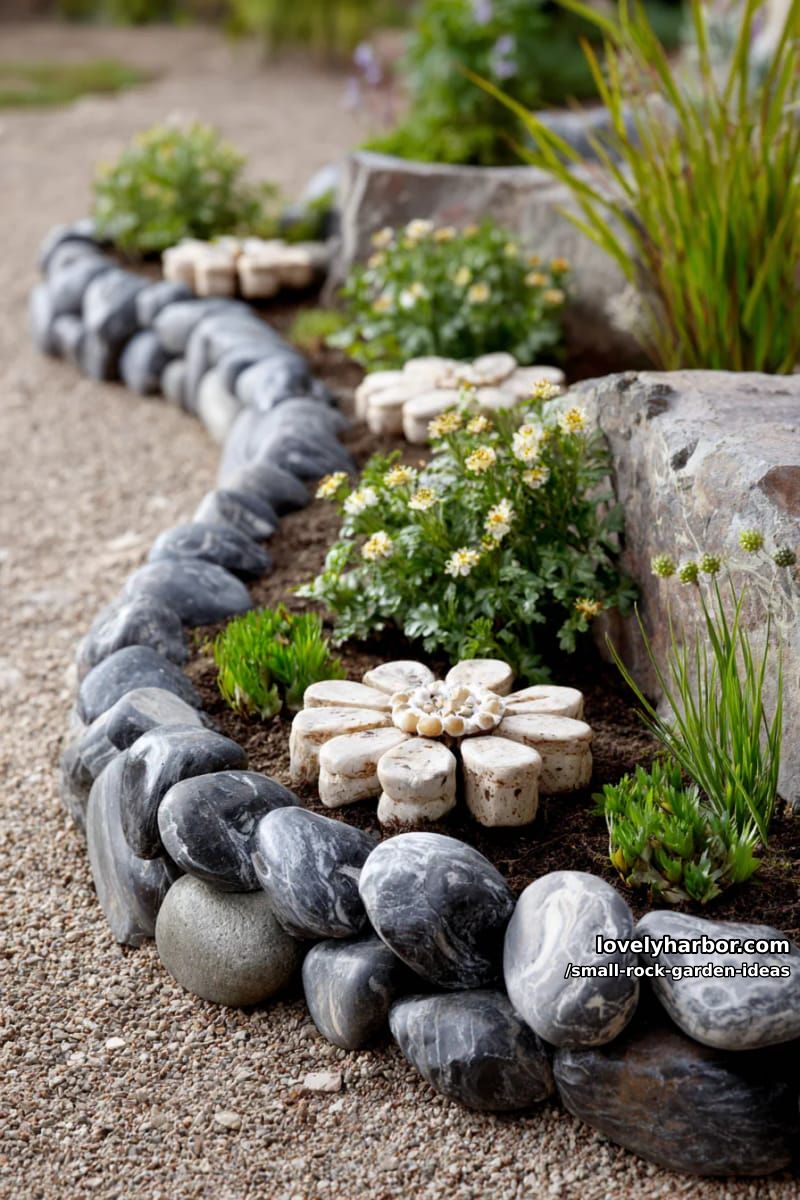 semicircular rock border with stone "flowers" and green plants. 1