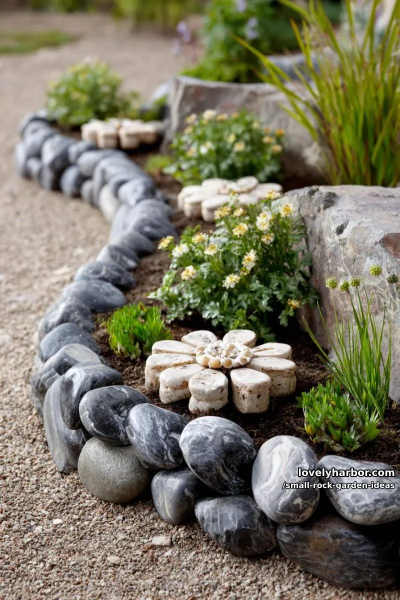 semicircular rock border with stone "flowers" and green plants. 1