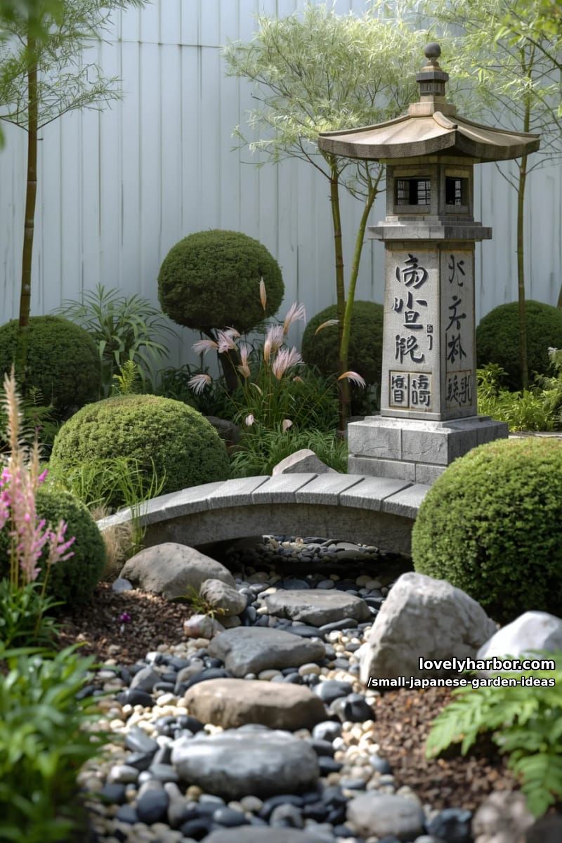 serene garden with tall stone lantern, arched bridge, and dry riverbed. 1