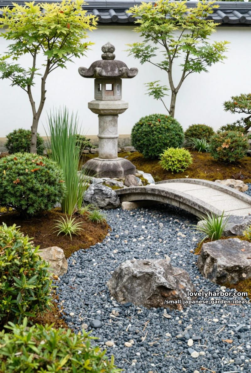 serene garden with tall stone lantern, arched bridge, and dry riverbed. 1