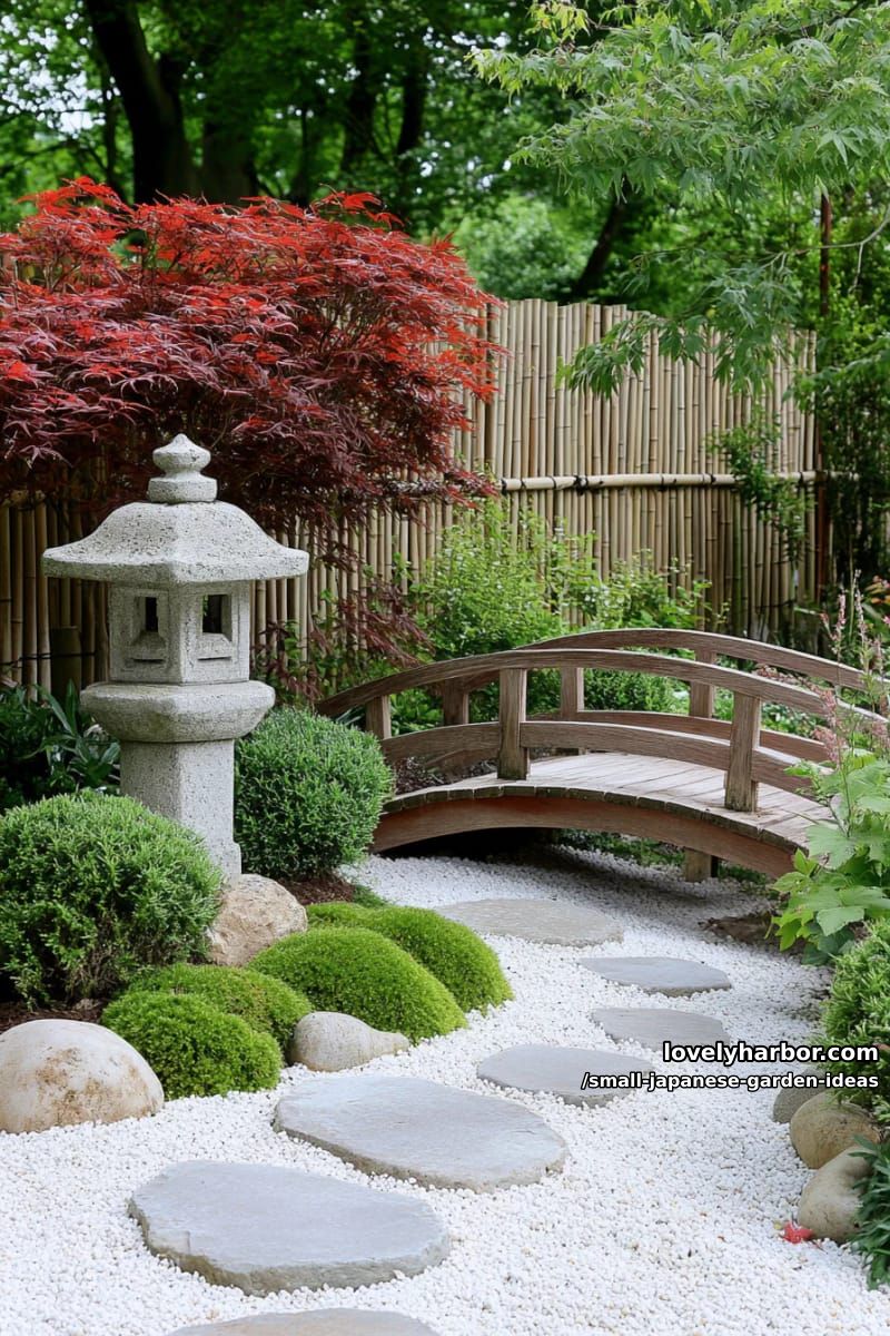 serene garden with tall stone lantern, arched bridge, and dry riverbed. 1
