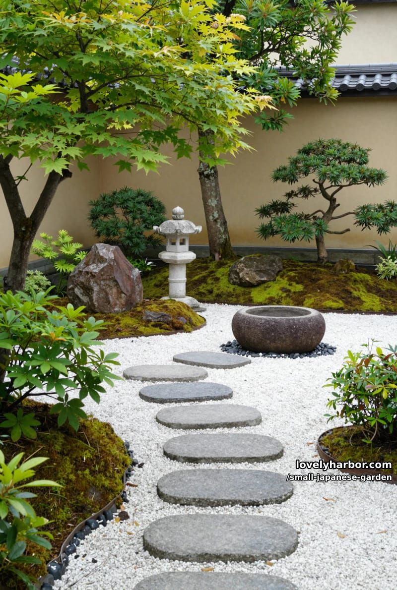 serene japanese garden with mossy rocks, stone lantern, basin, and stepping paths 1