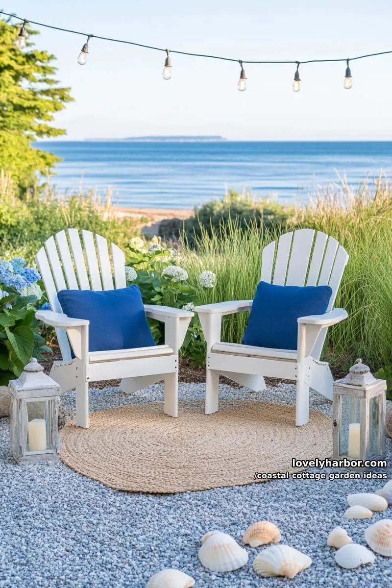 set up a cozy adirondack chair area with sea-blue pillows and lanterns 1