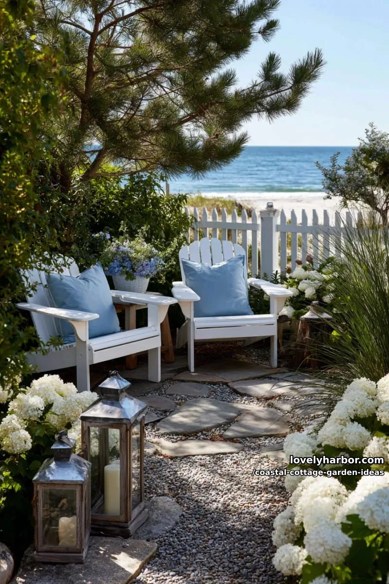 set up a cozy adirondack chair area with sea-blue pillows and lanterns 1