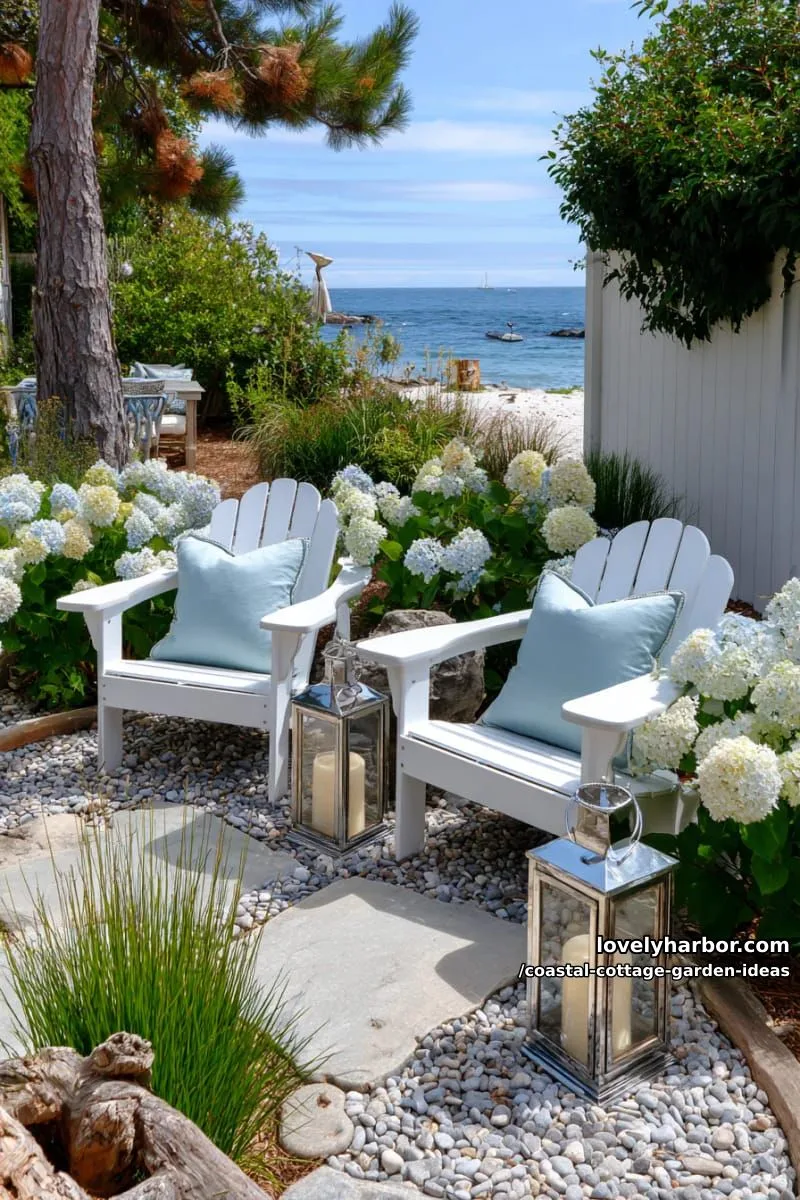 set up a cozy adirondack chair area with sea-blue pillows and lanterns 1
