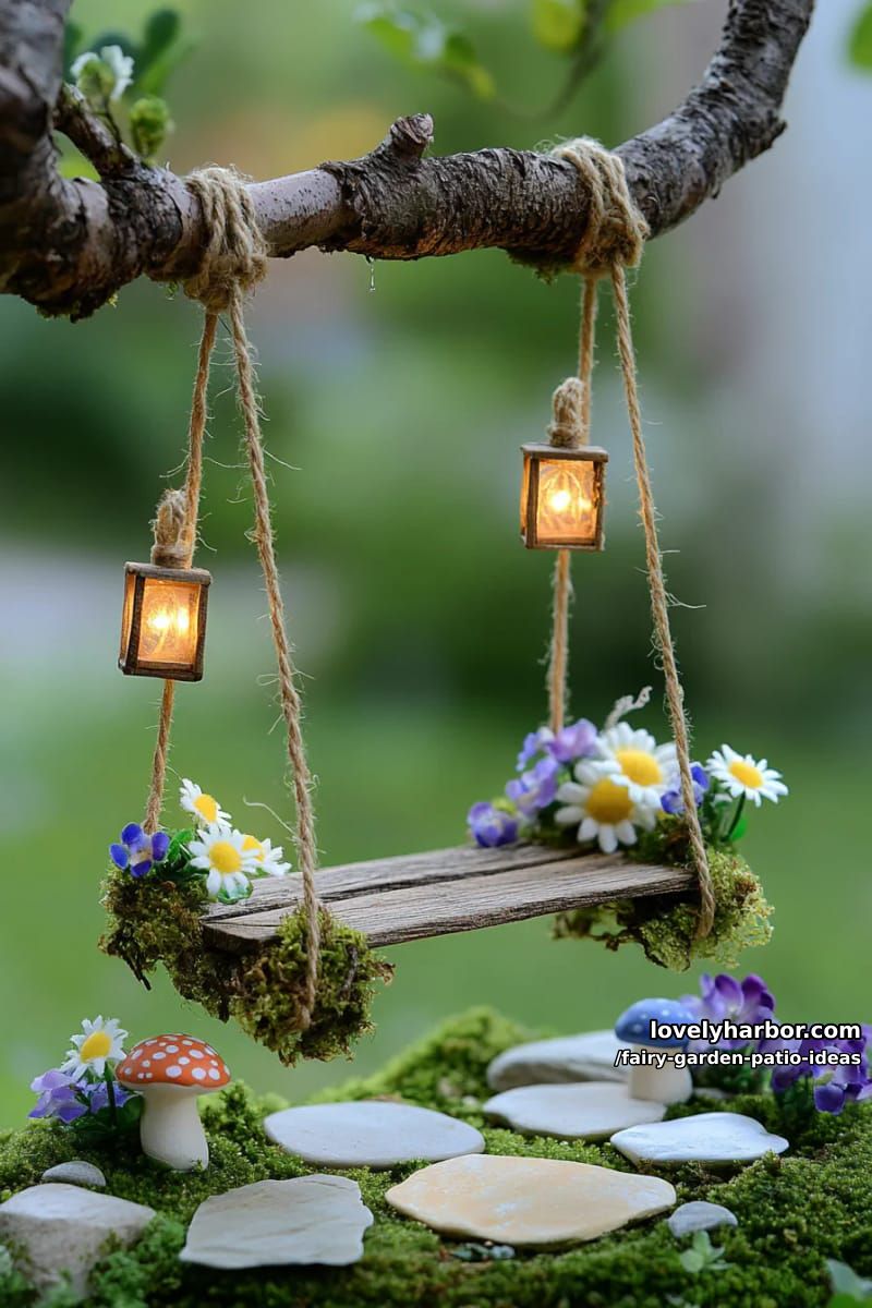 set up a fairy swing hanging from a tree branch surrounded by wildflowers. 1