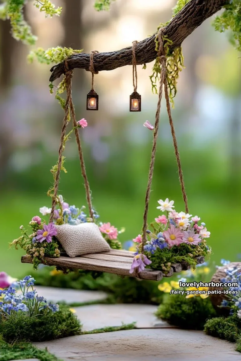 15 Enchanting Fairy Garden Patio Ideas to Inspire Your Space 29 set up a fairy swing hanging from a tree branch surrounded by wildflowers. 1
