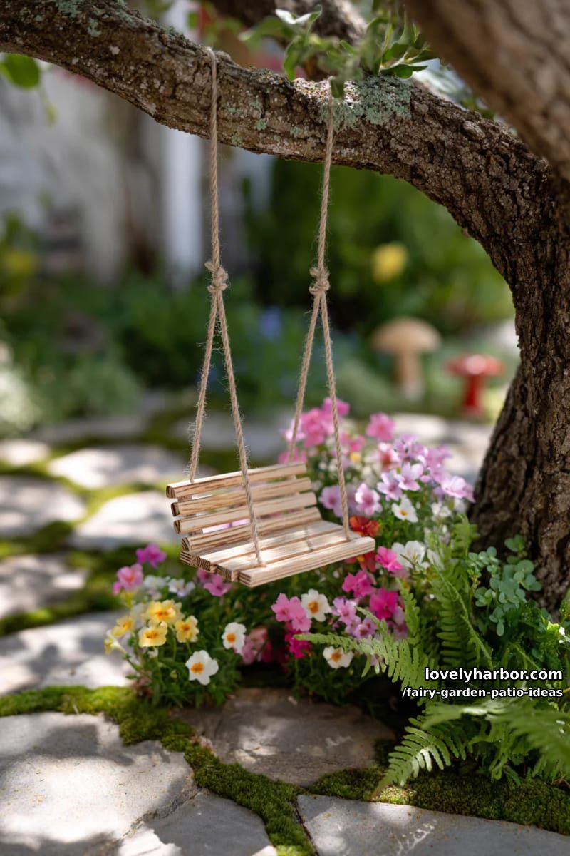 set up a fairy swing hanging from a tree branch surrounded by wildflowers. 1