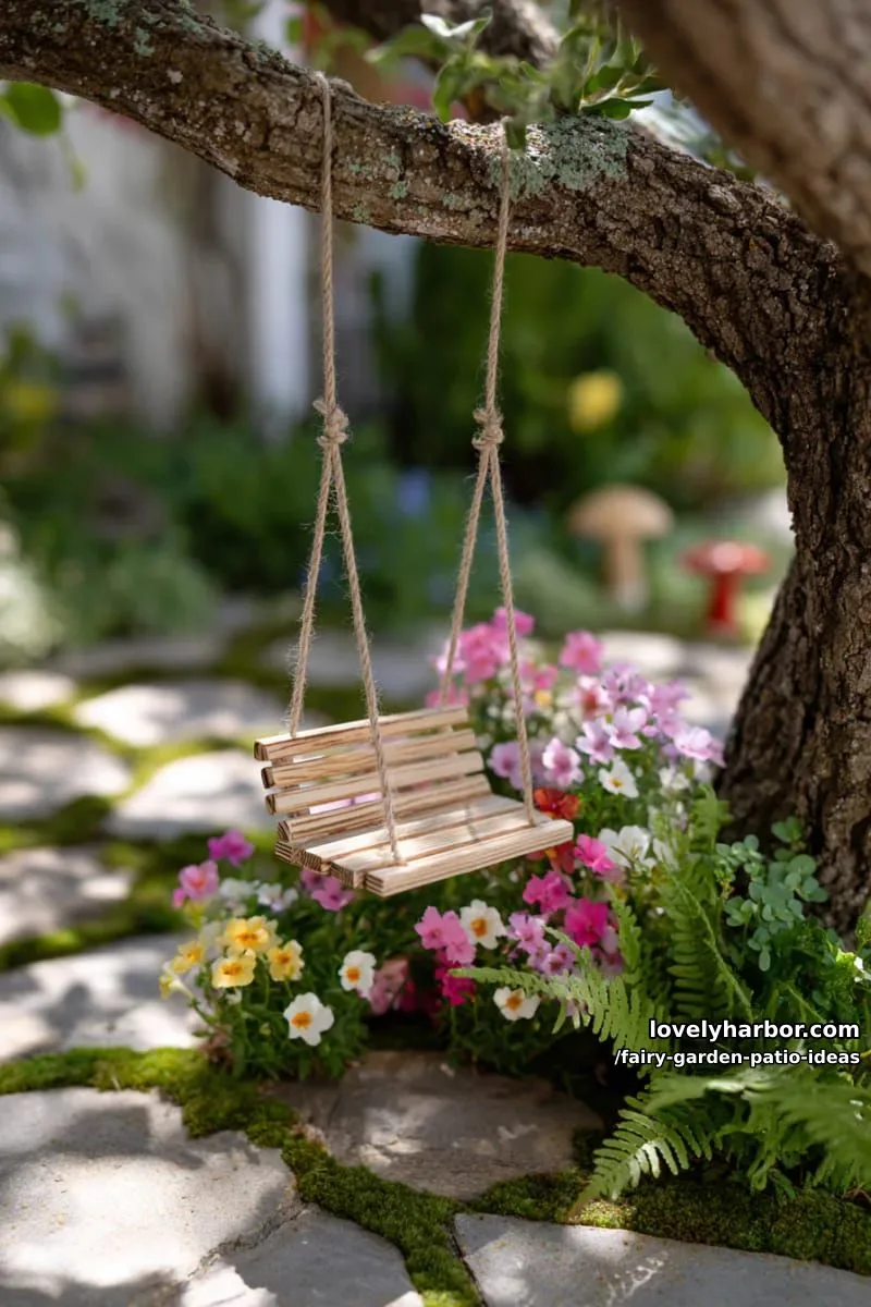 15 Enchanting Fairy Garden Patio Ideas to Inspire Your Space 30 set up a fairy swing hanging from a tree branch surrounded by wildflowers. 1