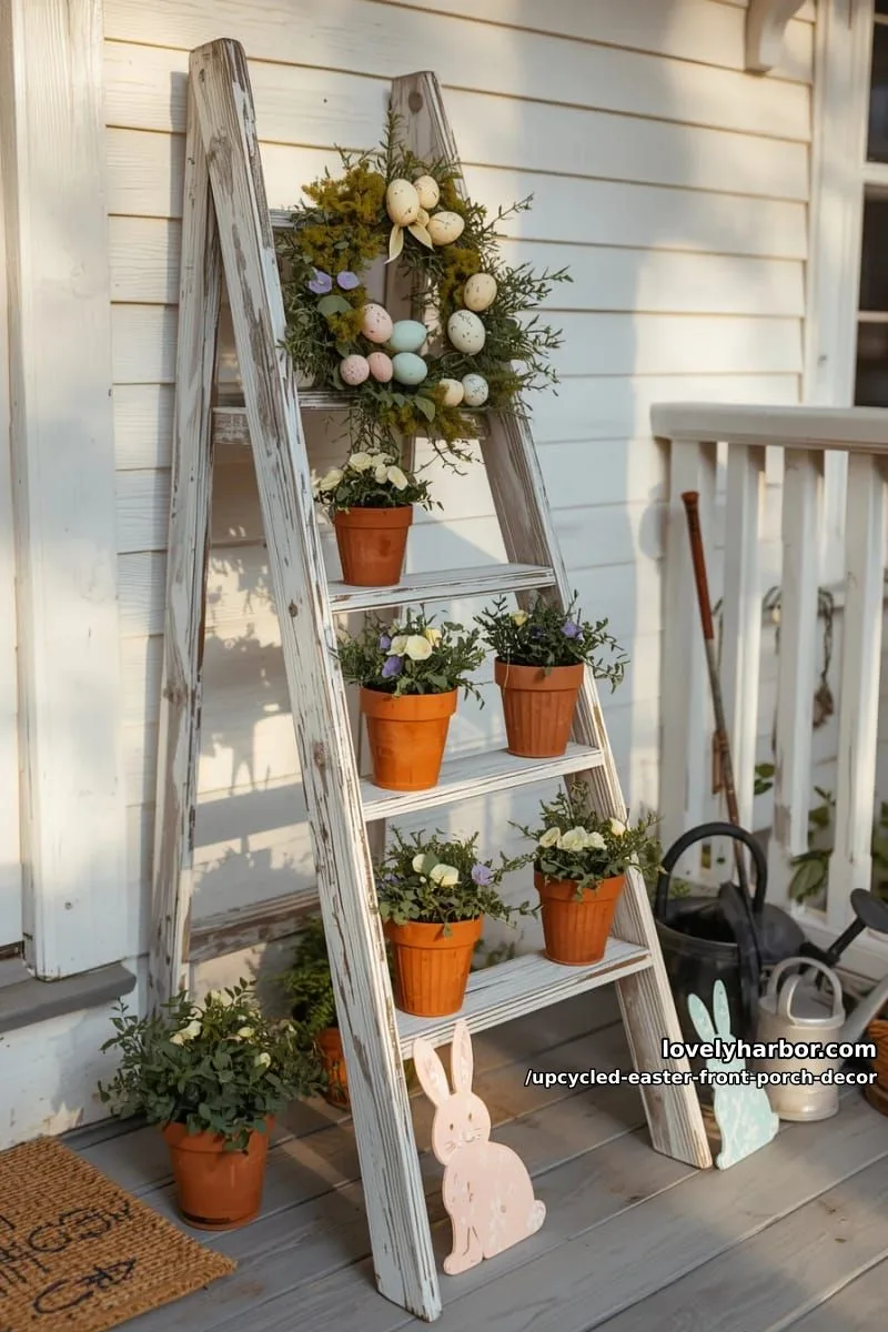 shabby chic ladder draped with egg wreaths, tiny potted plants, and bunny cutouts 1