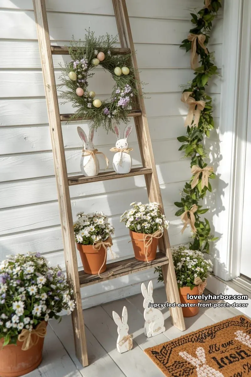 shabby chic ladder draped with egg wreaths, tiny potted plants, and bunny cutouts 1