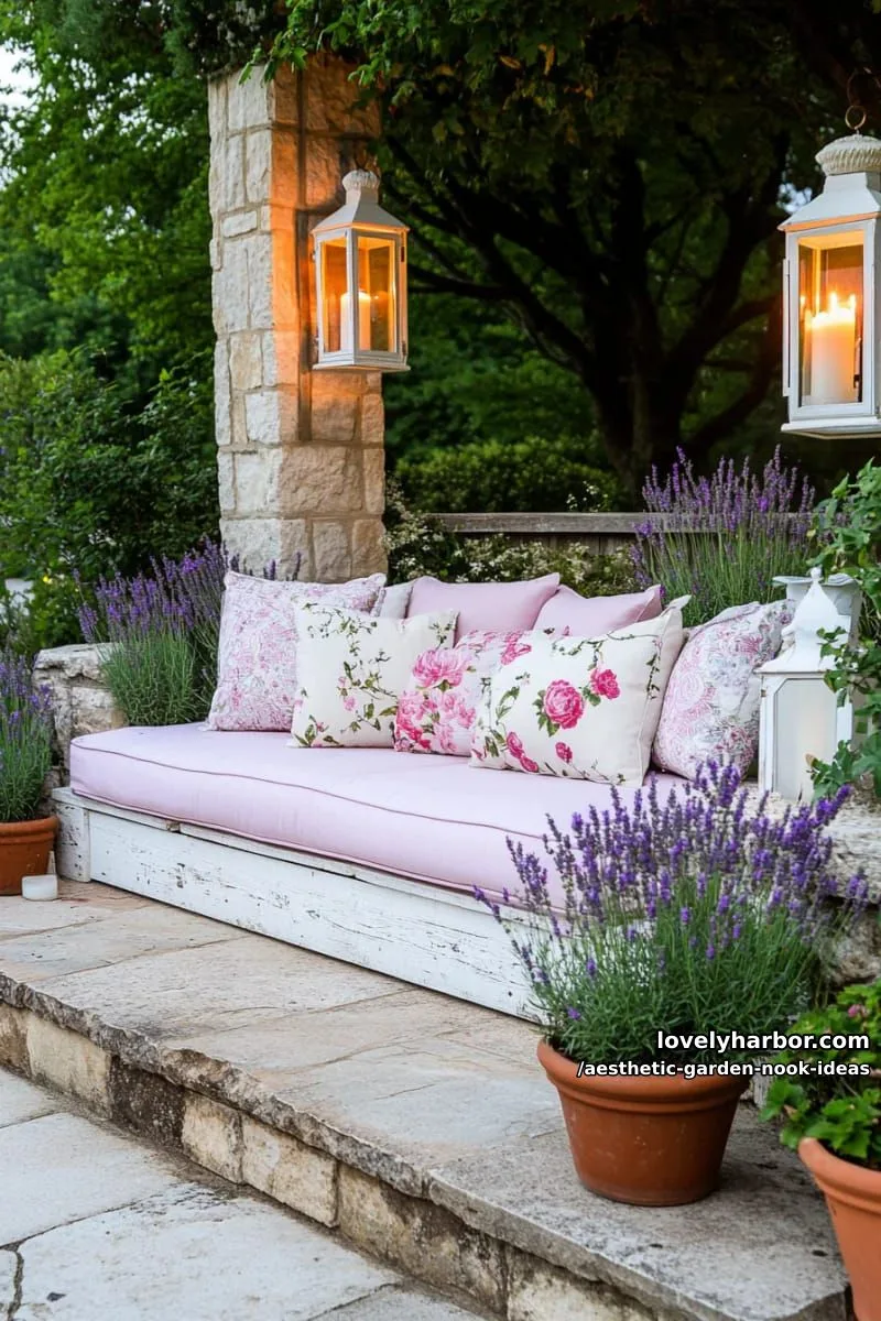 15 Aesthetic Garden Nook Ideas to Inspire Your Outdoor Escape 26 shabby chic pallet daybed with pastel throws, surrounded by potted lavender 1