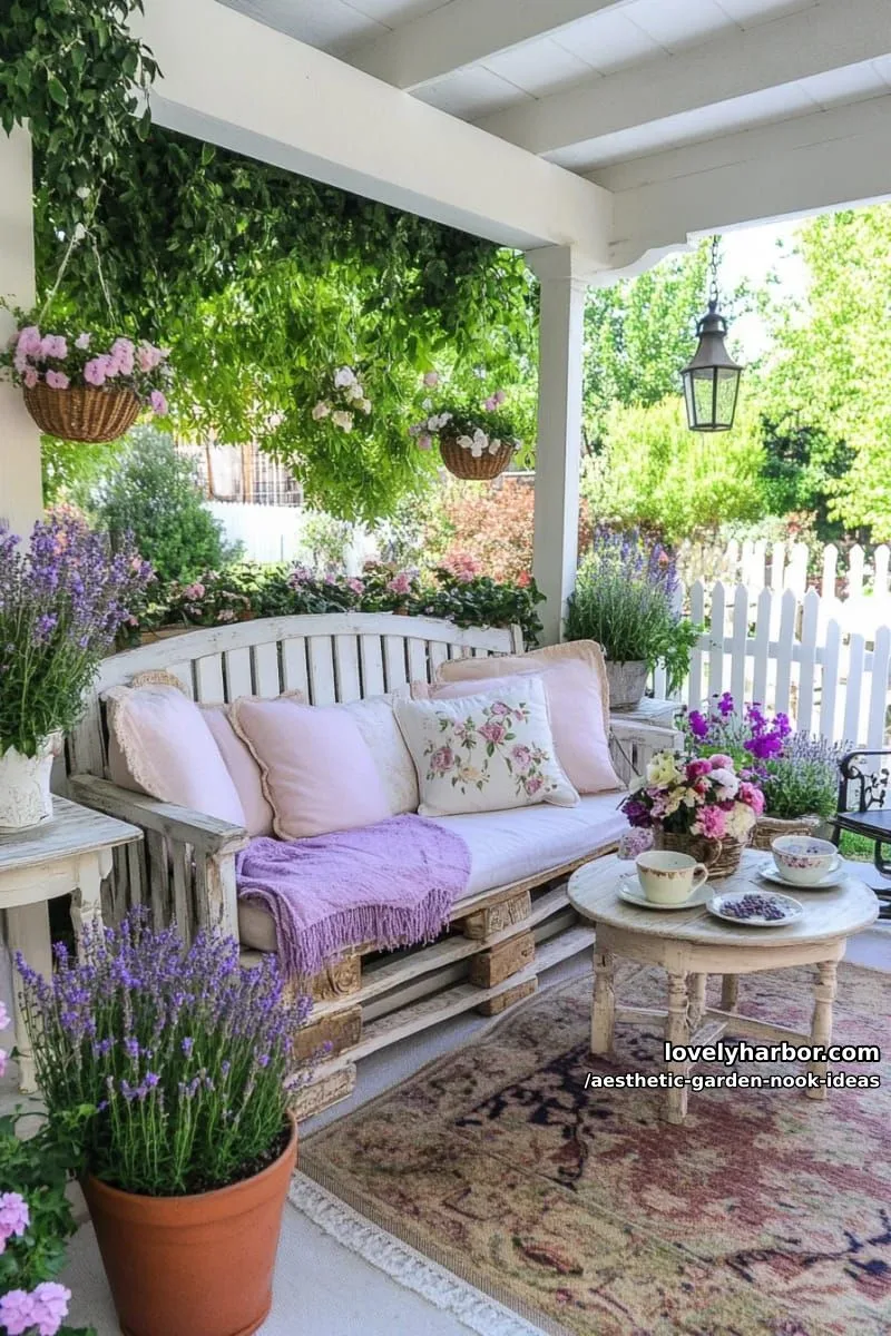 15 Aesthetic Garden Nook Ideas to Inspire Your Outdoor Escape 27 shabby chic pallet daybed with pastel throws, surrounded by potted lavender 1