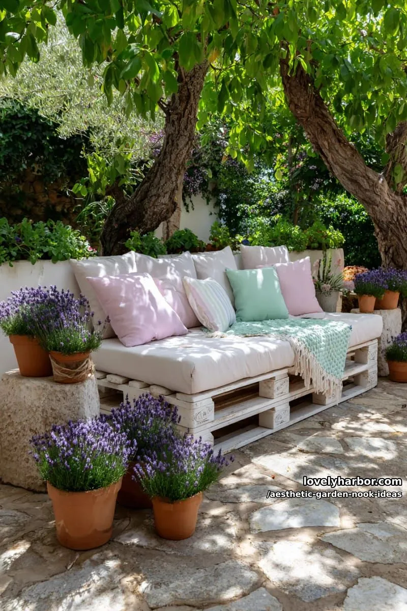 15 Aesthetic Garden Nook Ideas to Inspire Your Outdoor Escape 28 shabby chic pallet daybed with pastel throws, surrounded by potted lavender 1