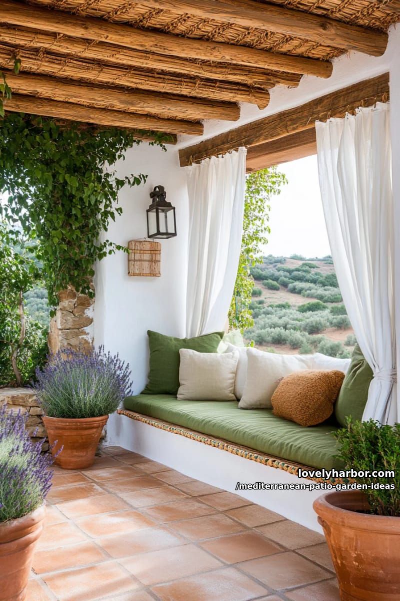shaded lounge nook with sheer linen curtains and olive-green cushions 1
