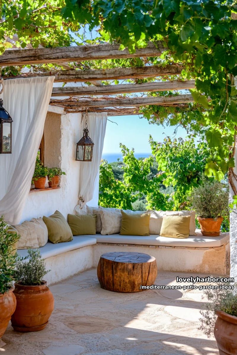 shaded lounge nook with sheer linen curtains and olive-green cushions 1