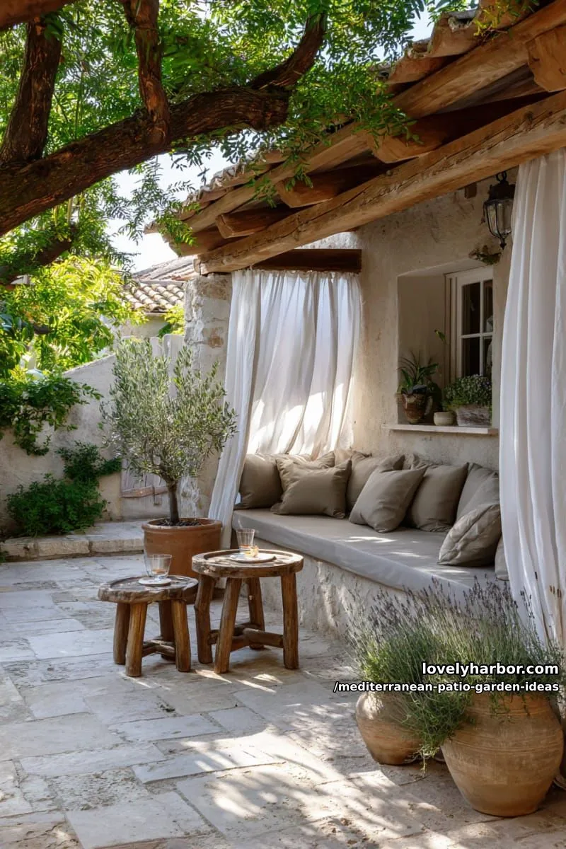 15 Mediterranean Patio Garden Ideas For A Dreamy Modern Homes 31 shaded lounge nook with sheer linen curtains and olive-green cushions 1