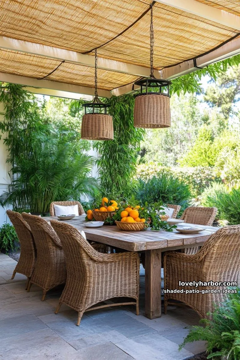 15 Dreamy Shaded Patio Garden Ideas to Inspire Your Backyard 39 shaded outdoor dining area framed by bamboo screens and potted ferns 1