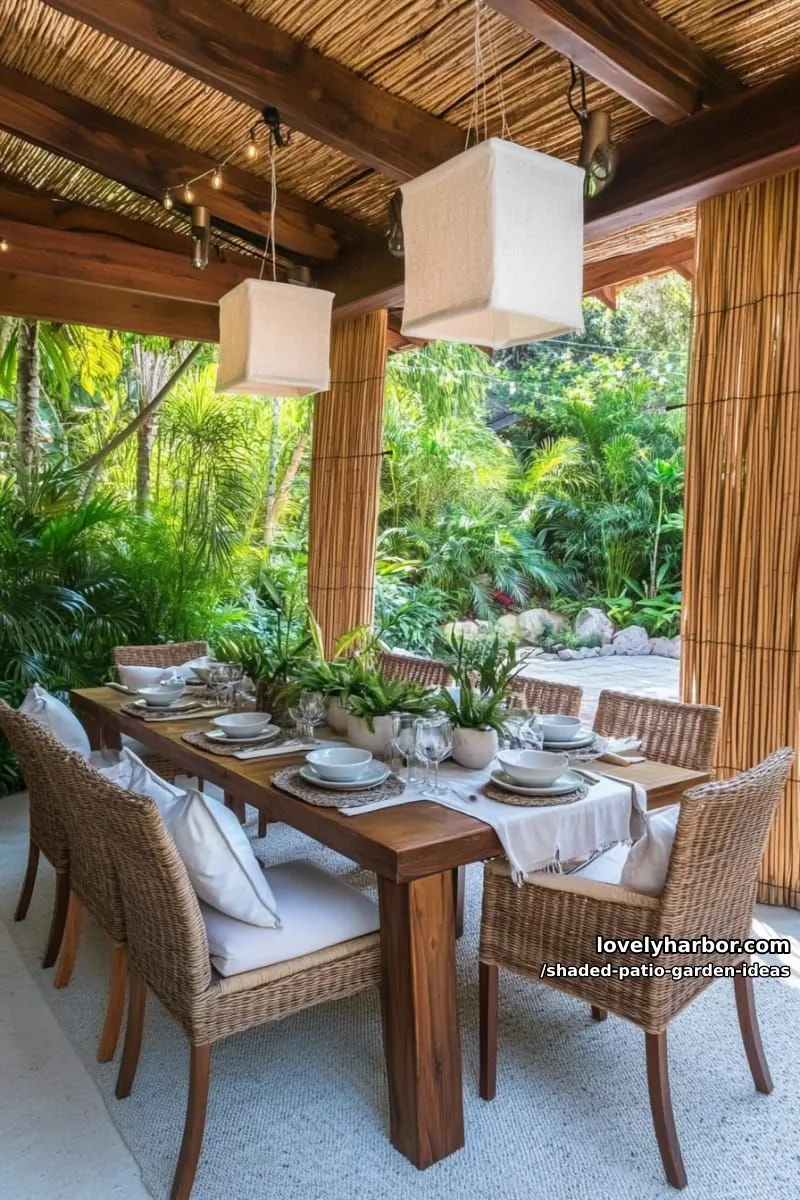 15 Dreamy Shaded Patio Garden Ideas to Inspire Your Backyard 40 shaded outdoor dining area framed by bamboo screens and potted ferns 1