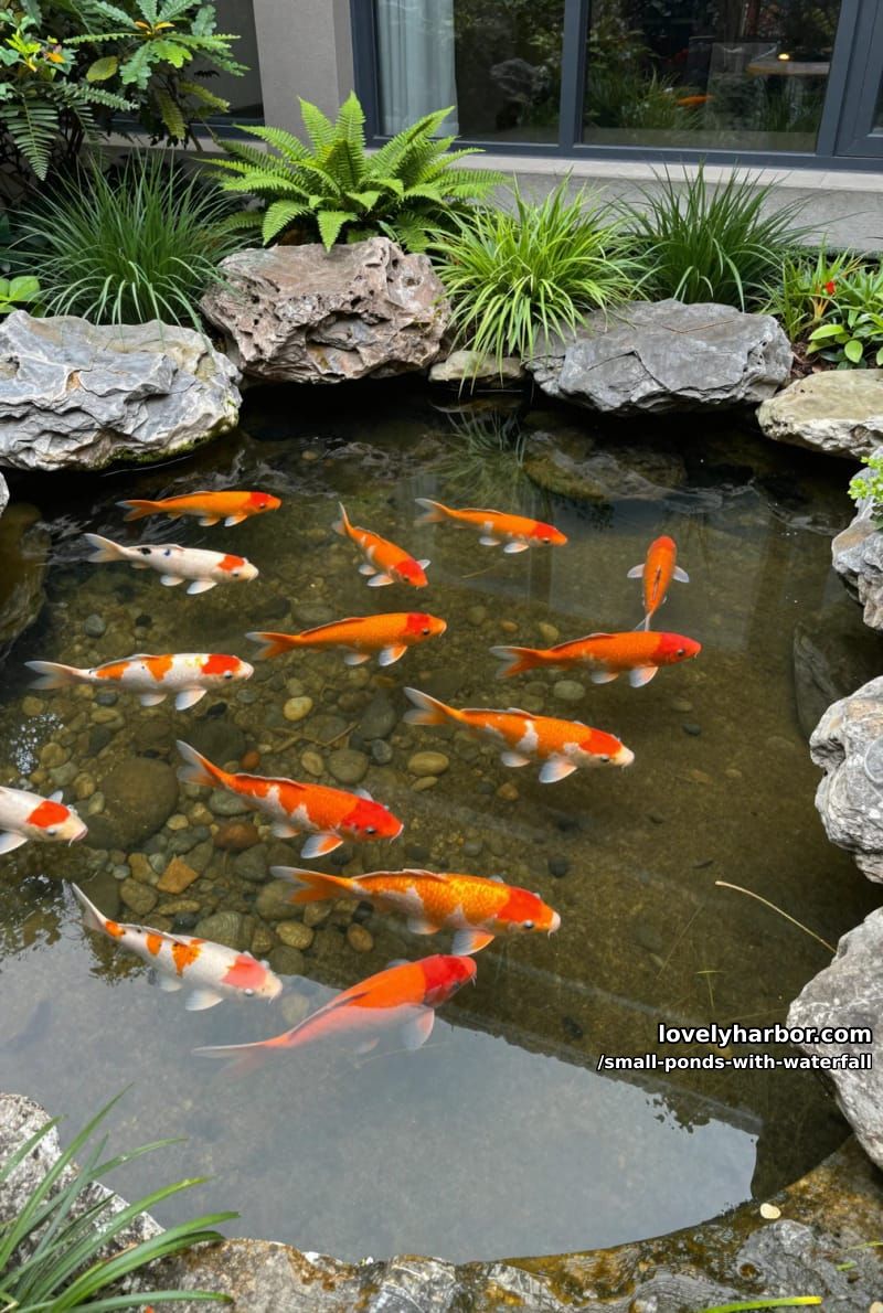 shallow koi pond with smooth stones, lush plants, and modern building. 1