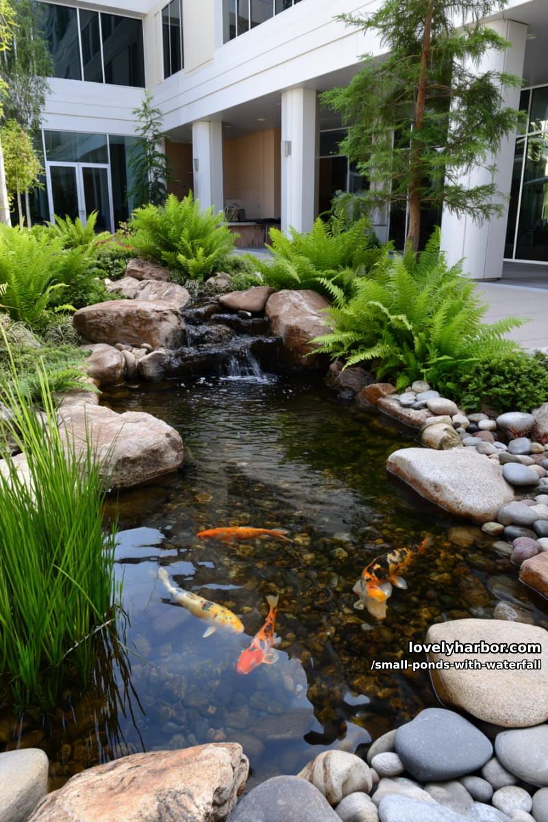 shallow koi pond with smooth stones, lush plants, and modern building. 1