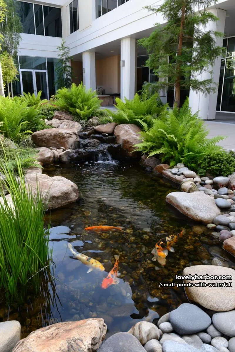 20 Small Ponds With Waterfall Designs For A Relaxing Outdoor Space 30 shallow koi pond with smooth stones, lush plants, and modern building. 1