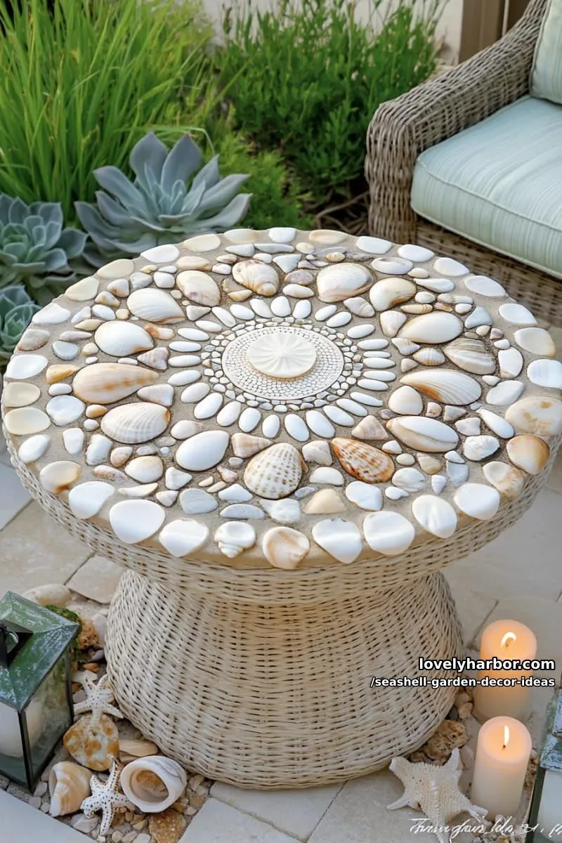 shell and pebble mandala patterns on garden tables 1