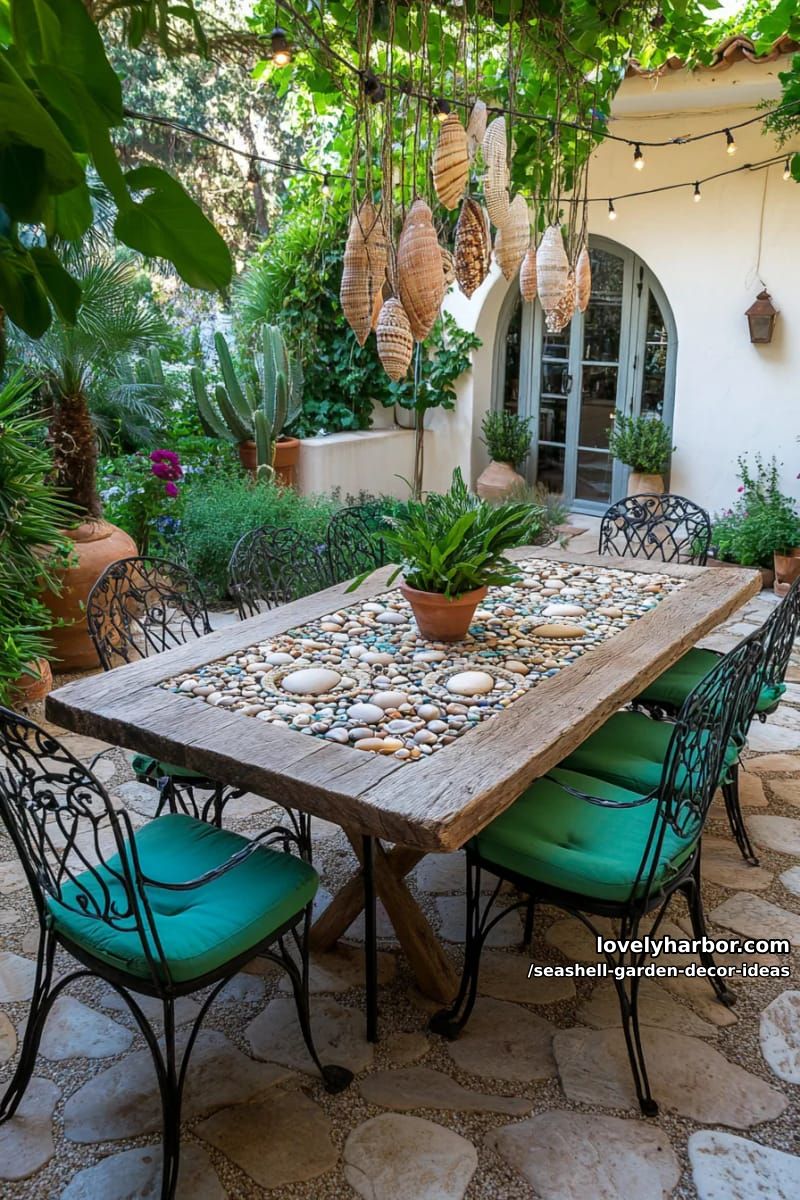 shell and pebble mandala patterns on garden tables 1