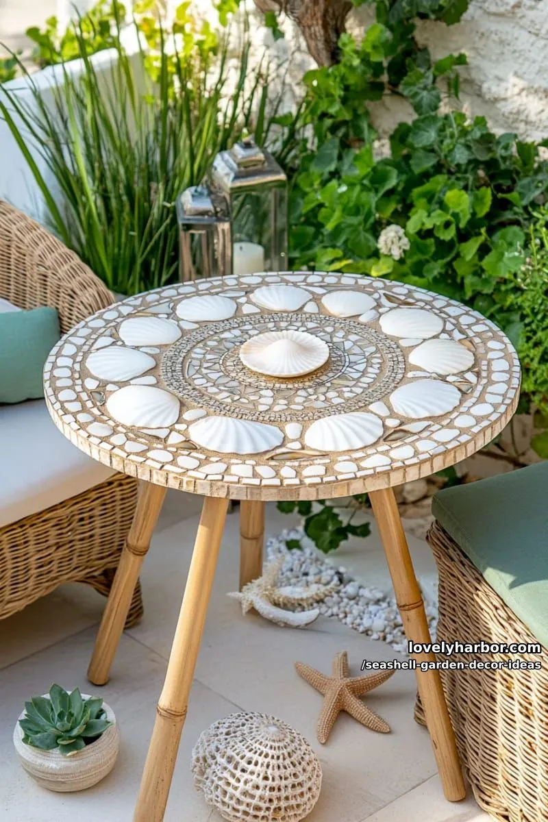 shell and pebble mandala patterns on garden tables 1