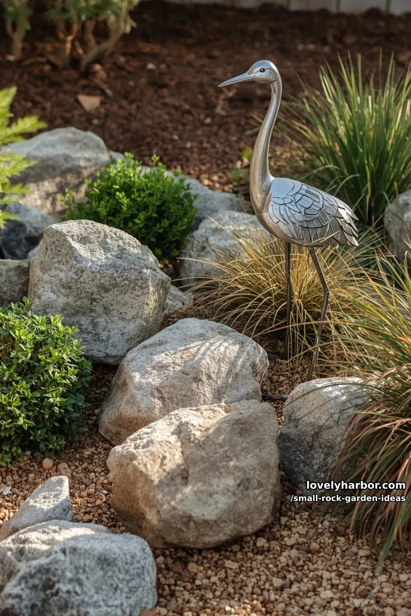 shrubs and ornamental grasses among large rocks with crane sculpture. 1